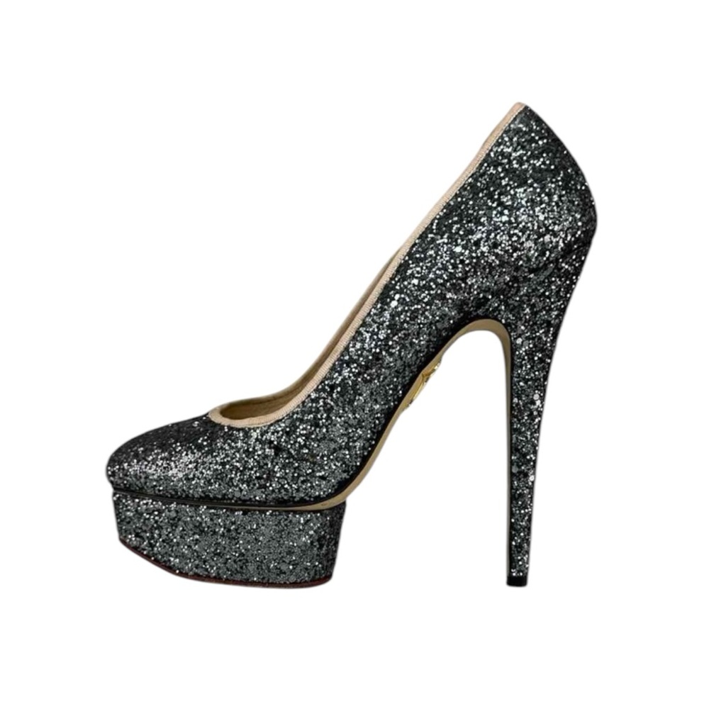 CHARLOTTE OLYMPIA Gray Glitter DOLLY Platform Pumps Size 38